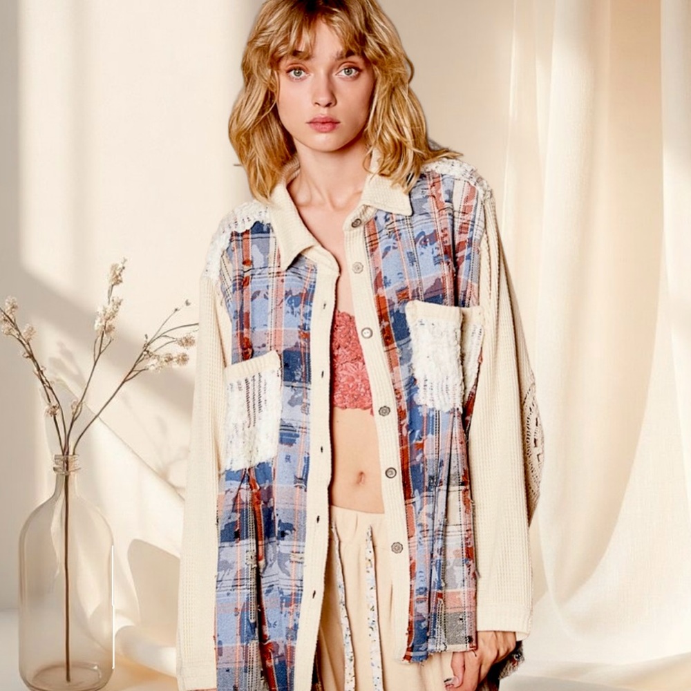 POL Plaid Crochet Patch Shirt Jacket Shacket | Cream Multi - Picture 8 of 8